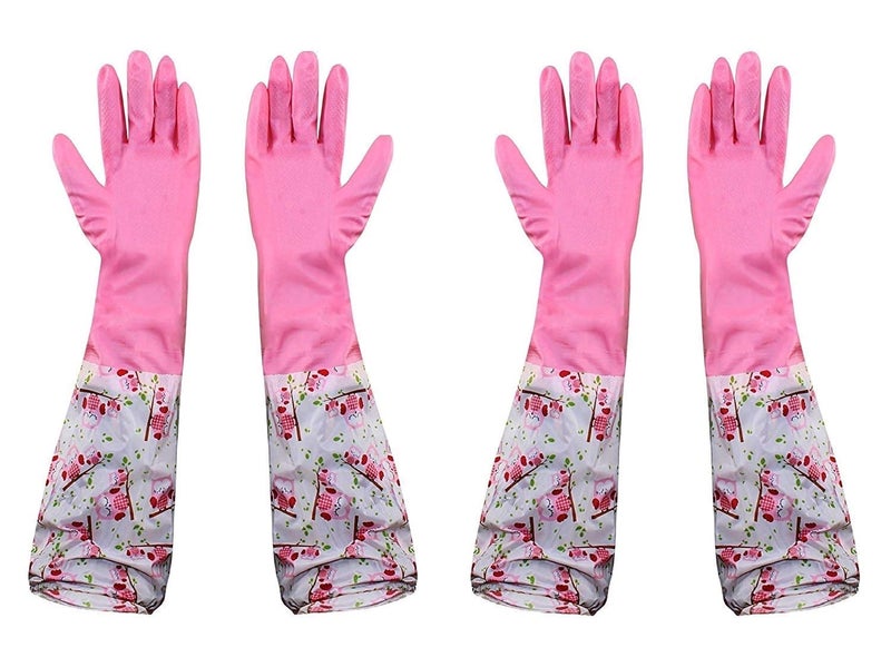 4MYL Reusable Gloves for Washing Utensils Hand Gloves for Dish Cleaning Gardening Gloves Kitchen Dishwashing Rubber Gloves Cooking Gloves Waterproof Bathroom Cleaning Gloves 2 Pair Owl Pink