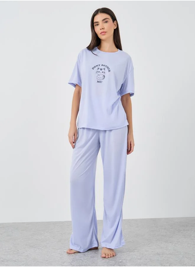 ستايلي Styli Graphic Print Short Sleeve T-Shirt and Pyjama Set