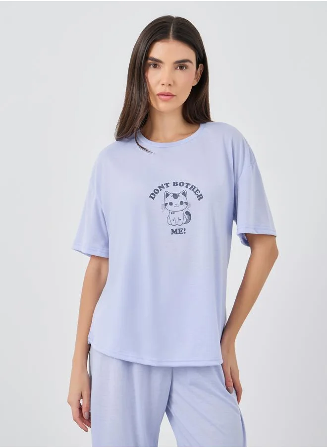 ستايلي Styli Graphic Print Short Sleeve T-Shirt and Pyjama Set