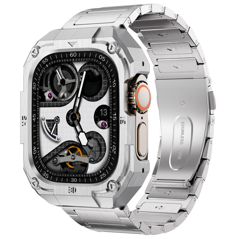 PanPinnacle Casual Stainless Steel Band/Case Compatiable for 45mm Apple Watch Band for Men, Rorust Metal Apple Watch Bumper Case Cover with Solid Replacement Strap for iWatch Band Series 9 8 7,Silver - Image 1