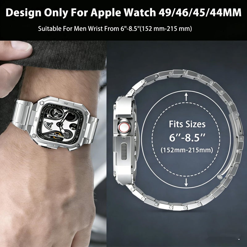 PanPinnacle Casual Stainless Steel Band/Case Compatiable for 45mm Apple Watch Band for Men, Rorust Metal Apple Watch Bumper Case Cover with Solid Replacement Strap for iWatch Band Series 9 8 7,Silver - Image 5