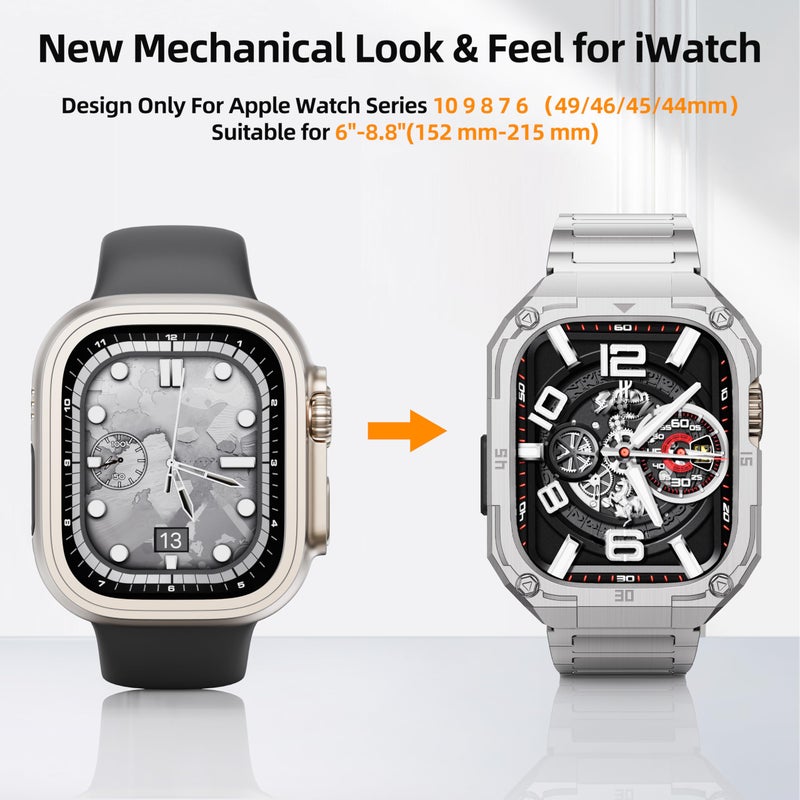 PanPinnacle Casual Stainless Steel Band/Case Compatiable for 45mm Apple Watch Band for Men, Rorust Metal Apple Watch Bumper Case Cover with Solid Replacement Strap for iWatch Band Series 9 8 7,Silver - Image 4