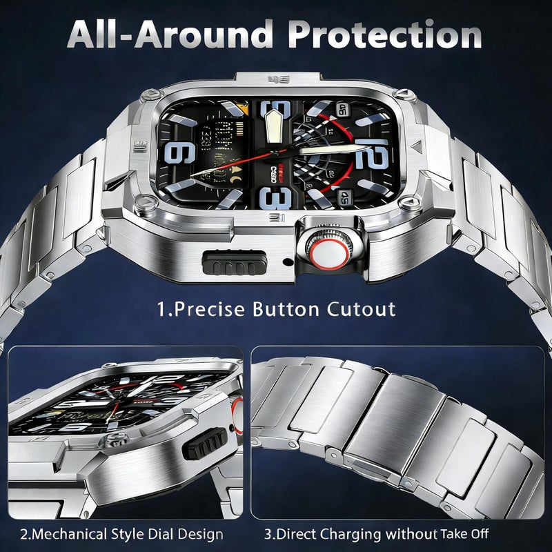 PanPinnacle Casual Stainless Steel Band/Case Compatiable for 45mm Apple Watch Band for Men, Rorust Metal Apple Watch Bumper Case Cover with Solid Replacement Strap for iWatch Band Series 9 8 7,Silver - Image 3