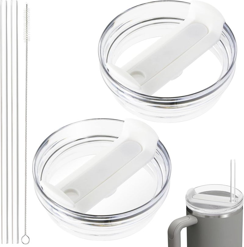 TiciKim 40oz Tumbler Lid Compatible for Stanley, 2 Pack Replacement Tumbler Lids Fit for Stanley Quencher 2.0 Tumbler 40 OZ, with Straws and Cleaning Brush (Clear White) - Image 1