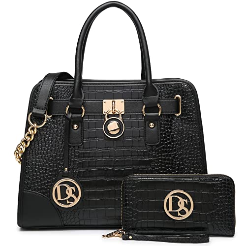 Dasein Women Handbags Top Handle Satchel Purse Shoulder Bag Hobo Bag Work Bag Set 2pcs (Croco Black) - Image 1