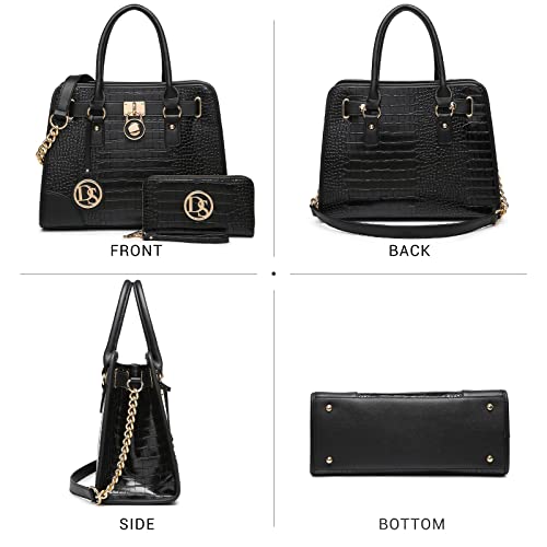 Dasein Women Handbags Top Handle Satchel Purse Shoulder Bag Hobo Bag Work Bag Set 2pcs (Croco Black) - Image 2