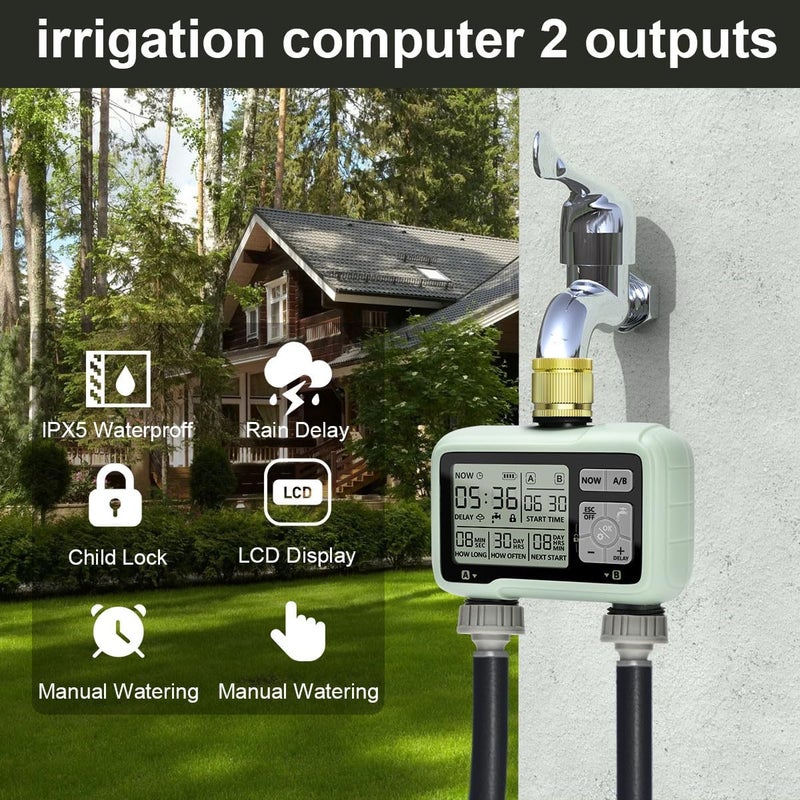 XinFuture Sprinkler Timer 2 Zone with Brass Inlet Watering Timer for Garden Hose Programmable Water Timer with Independent Zone Control Custom Rain Delay Manual&Auto Watering Child Lock for Yard Lawn - Image 2