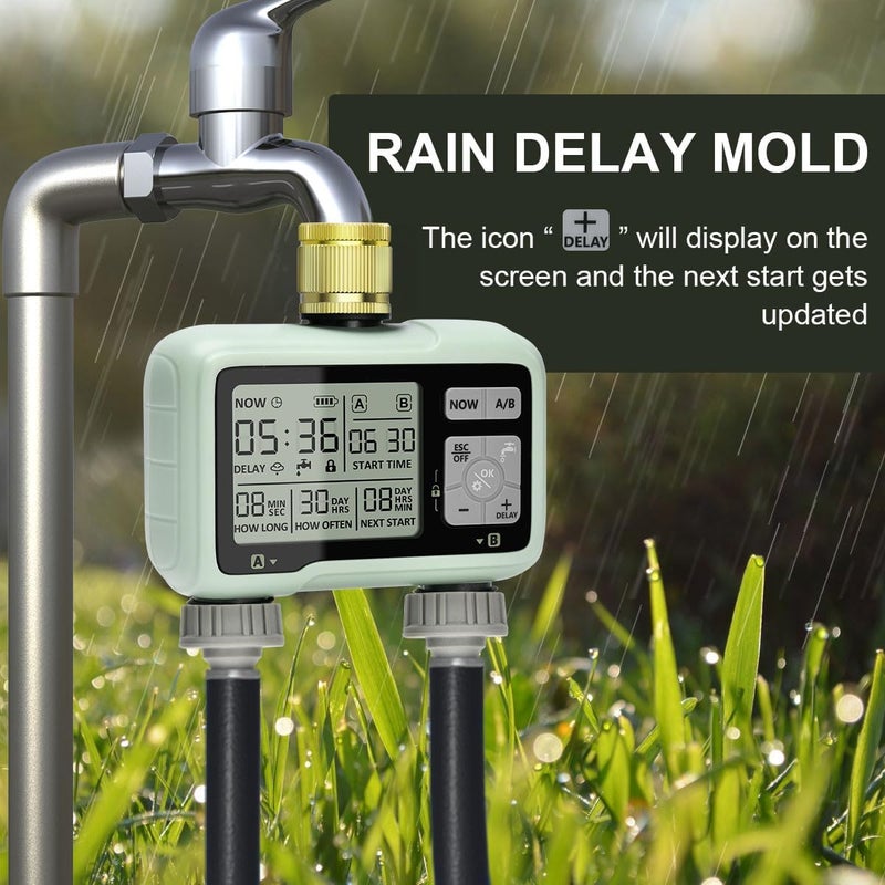 XinFuture Sprinkler Timer 2 Zone with Brass Inlet Watering Timer for Garden Hose Programmable Water Timer with Independent Zone Control Custom Rain Delay Manual&Auto Watering Child Lock for Yard Lawn - Image 5