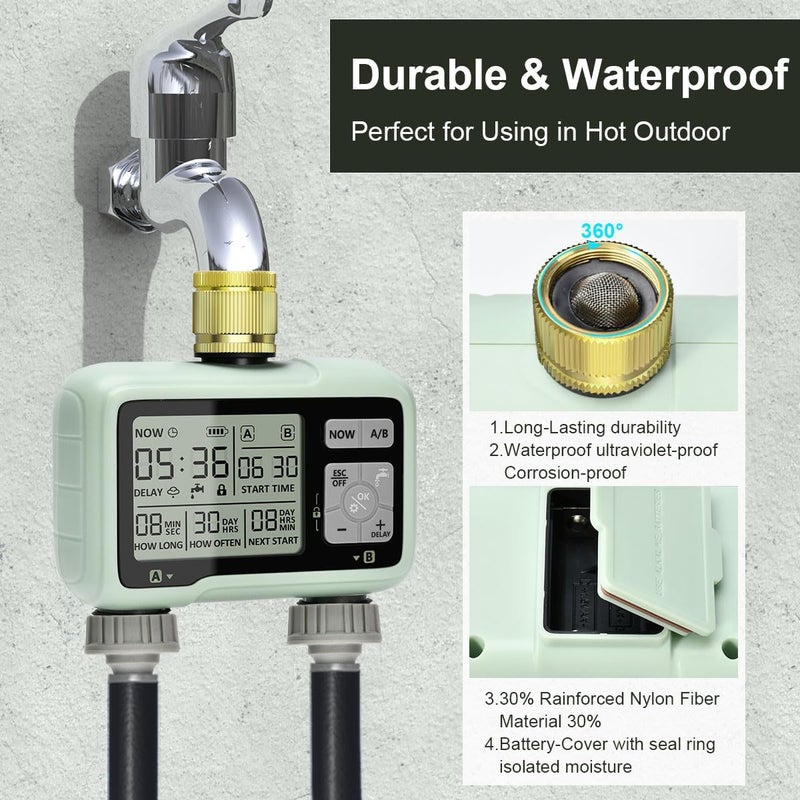 XinFuture Sprinkler Timer 2 Zone with Brass Inlet Watering Timer for Garden Hose Programmable Water Timer with Independent Zone Control Custom Rain Delay Manual&Auto Watering Child Lock for Yard Lawn - Image 3