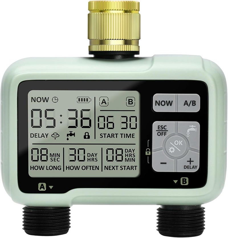 XinFuture Sprinkler Timer 2 Zone with Brass Inlet Watering Timer for Garden Hose Programmable Water Timer with Independent Zone Control Custom Rain Delay Manual&Auto Watering Child Lock for Yard Lawn - Image 1