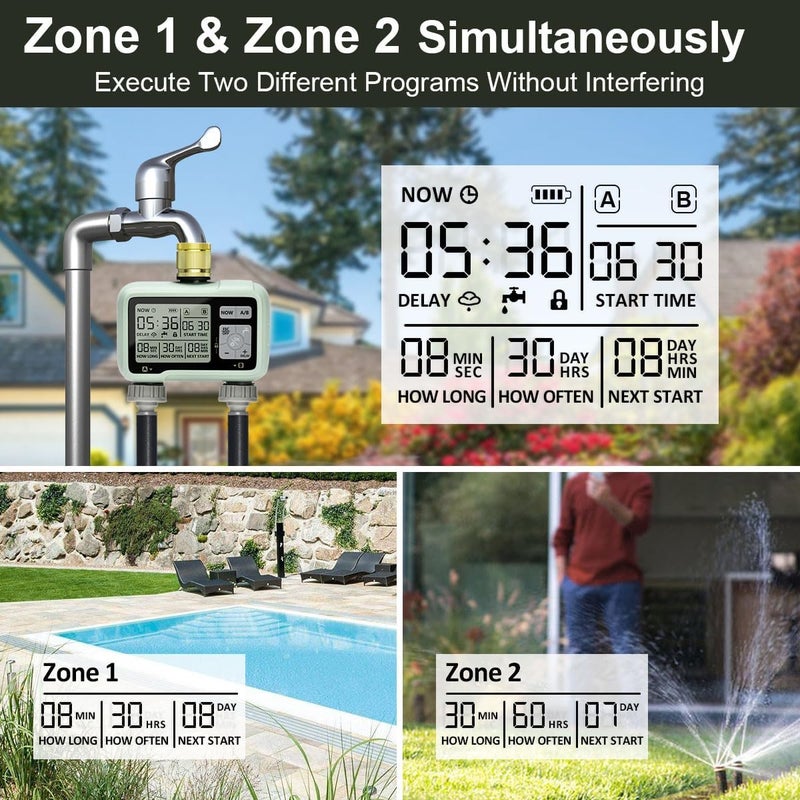 XinFuture Sprinkler Timer 2 Zone with Brass Inlet Watering Timer for Garden Hose Programmable Water Timer with Independent Zone Control Custom Rain Delay Manual&Auto Watering Child Lock for Yard Lawn - Image 4