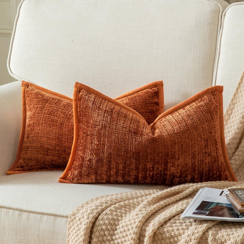 Yaertun Pack of 2 Chenille Textured Decorative Throw Pillow Covers Accent Solid Cushion Cover Soft Cozy Pillow Case with Velvet Back for Couch Sofa Bed Living Room 12x20 Inch Burnt Brick - Image 1