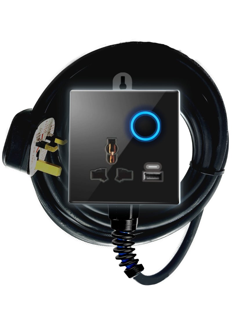 Hassan USB Single Universal Glass Socket Extension with Neon Indicator with USB-C & USB-A Ports, 5V 2.1A Power with Heavy-Duty Long Cord for Seamless Connectivity  - Image 1
