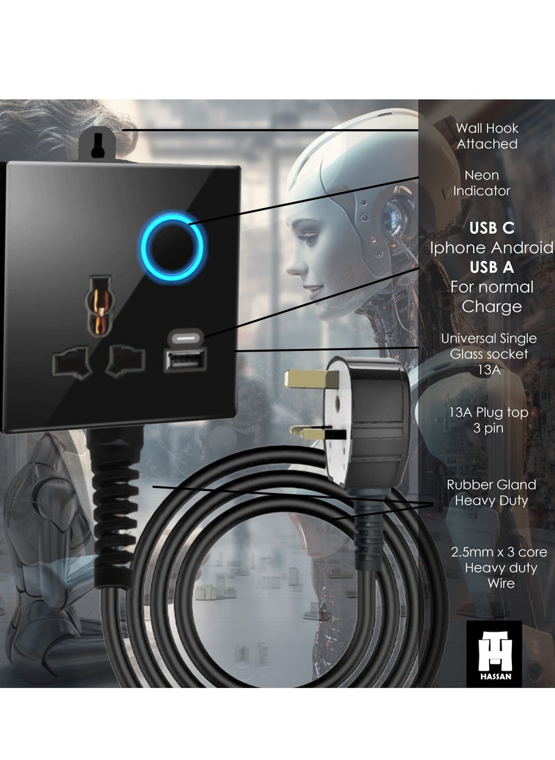 Hassan USB Single Universal Glass Socket Extension with Neon Indicator with USB-C & USB-A Ports, 5V 2.1A Power with Heavy-Duty Long Cord for Seamless Connectivity  - Image 2