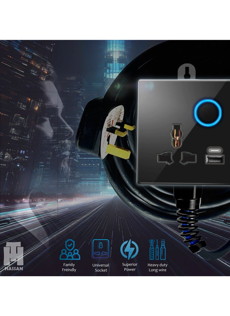 Hassan USB Single Universal Glass Socket Extension with Neon Indicator with USB-C & USB-A Ports, 5V 2.1A Power with Heavy-Duty Long Cord for Seamless Connectivity  - Image 3