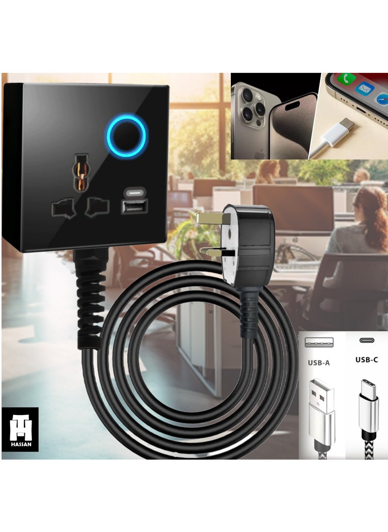 Hassan USB Single Universal Glass Socket Extension with Neon Indicator with USB-C & USB-A Ports, 5V 2.1A Power with Heavy-Duty Long Cord for Seamless Connectivity  - Image 4