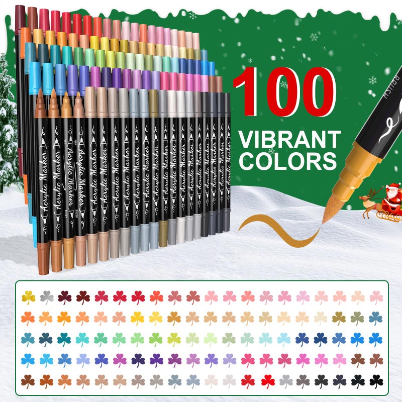 TOSHARE 100 Colors Acrylic Paint Markers Waterproof Dual Tip Acrylic Paint Pens with Brush & Fine Tip Professional Marker Set Scrapbook Markers for Paper Rock Wood Fabric Glass Ceramic and DIY Crafts - Image 2