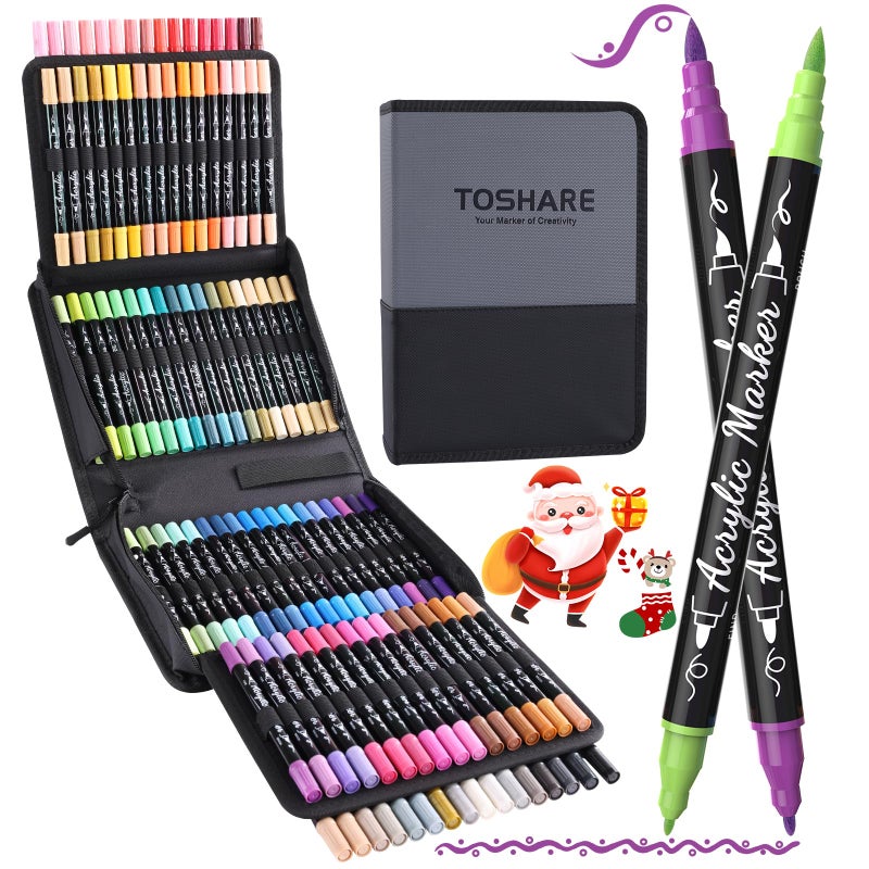 TOSHARE 100 Colors Acrylic Paint Markers Waterproof Dual Tip Acrylic Paint Pens with Brush & Fine Tip Professional Marker Set Scrapbook Markers for Paper Rock Wood Fabric Glass Ceramic and DIY Crafts - Image 1