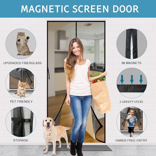 YRH Magnetic Fly Screen Door,Fiberglass Enhanced Screen Mesh,with Stay Open Buckles,Heavy Duty Self-Sealing Mesh,(Fit for Door Size:36x82 Inch,Screen Itself Size:38x83 Inch,Black) - Image 3