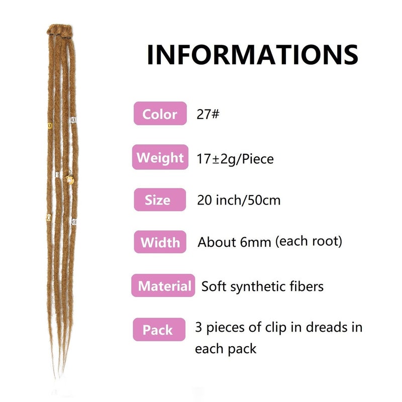 Dsoar Clip In Dreadlock Extensions 20 Inch 3PCS Handmade 0.6cm Synthetic Dreads with Clips Soft Crochet Loc Extensions(27#) - Image 2
