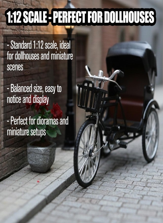 KH866 1:12 Scale Dollhouse Tricycle Model, Metal Three Wheeled Rickshaw Lifelike Vintage Mini Bike Figurine, Black Bicycle Miniture Statue, Collectibles Gift Decor Collection for Outdoor Scene Accessories - Image 3