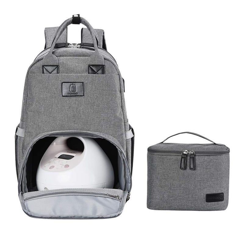 MOMIGO Diaper Bag Breast Pump Backpack MultiFunction Cooler and Moistureproof Bag Double Layer for Mother Baby Bottle Breast Milk Pump Outdoor Working Backpack with Insulation Bag Grey Medium