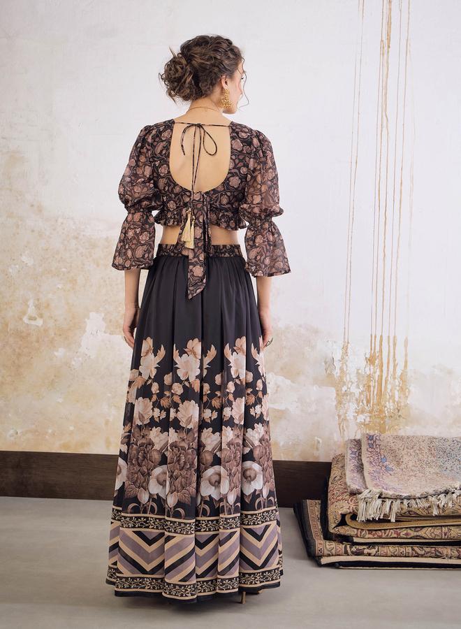 SASSAFRAS Black Floral Hem Frill Crop Top with Anarkali Skirt - Image 5