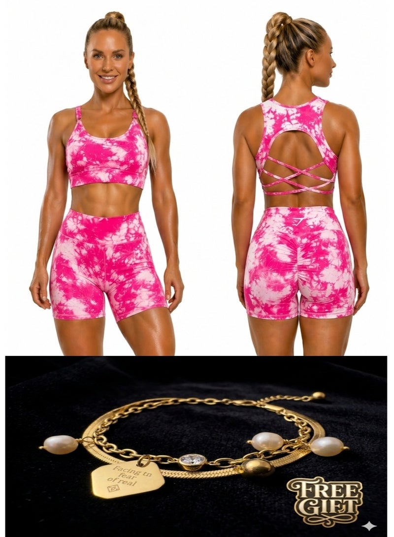 Free Gift Included Women's 2-Piece Tie-Dye Sports Bra and Shorts Set – High-Waist Scrunch