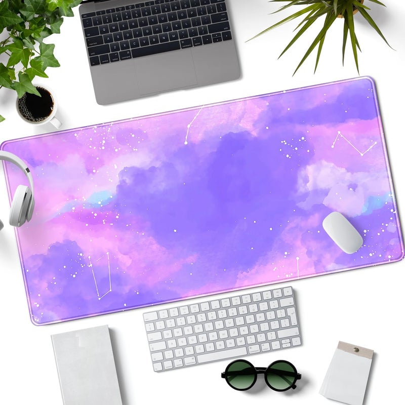 Mechanical Cattle Cute Desk Pad Ink Purple Desk Mat Gaming 31.5x15.7 Inch Mouse Pad Purple Gamer Girl Cute Pink Mousepad Desk Decor Keyboard Desk Mat for Office and Home, Stitched Edges Desktop Rubber Computer Mat - Image 2