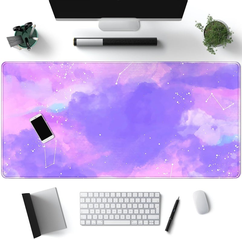 Mechanical Cattle Cute Desk Pad Ink Purple Desk Mat Gaming 31.5x15.7 Inch Mouse Pad Purple Gamer Girl Cute Pink Mousepad Desk Decor Keyboard Desk Mat for Office and Home, Stitched Edges Desktop Rubber Computer Mat - Image 1