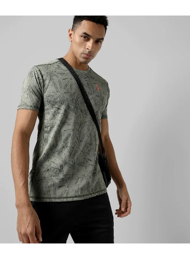 Campus Sutra Men's Olive Green Printed Regular Fit Activewear T-Shirt