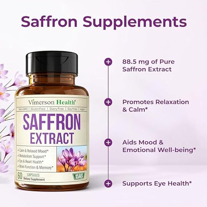 Vimerson Health Pure Saffron Supplements for Women & Men w/ 88.5mg Saffron Extract – Mood Support Supplement Plus Eye Health – Azafran Safron Spice Alternative to Gummies or Powder – 60 Vegan Count – 2 Month Supply - Image 5