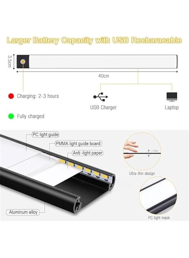 هوكور مصابيح خزانة بجهاز استشعار حركة من تراسل، اضاءة LED قابلة لاعادة الشحن بـ3 الوان قابلة لاعادة الشحن، مصباح خزانة مغناطيسي رفيع، ضوء لاسلكي للمطبخ والسلالم وخزانة الملابس والدراسة (اسود، 40 سم) - Image 4