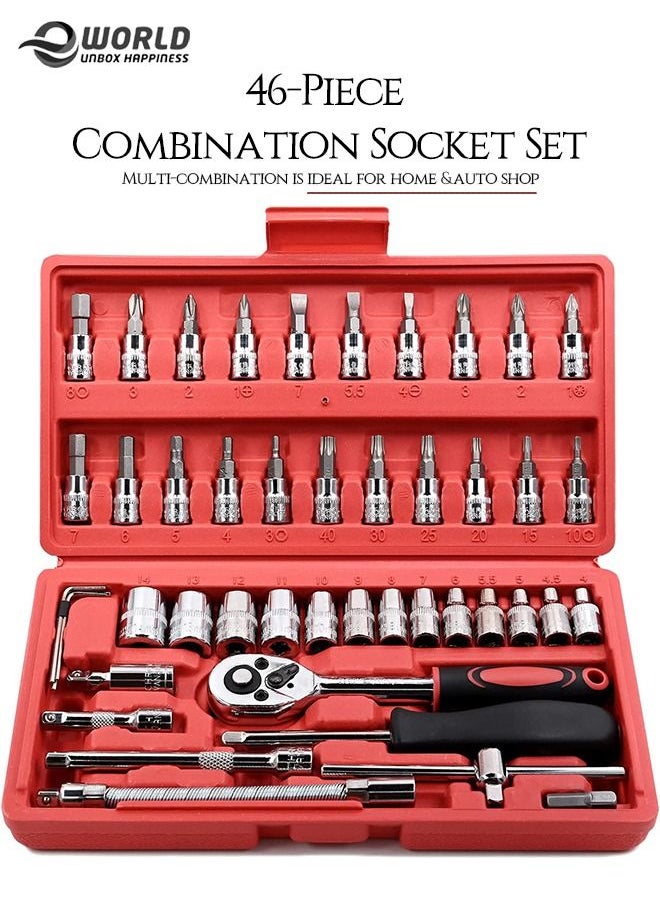 Eworld - 46 Piece Drive Ratchet Wrench Set Bit Socket Extension Bar for Auto Repairing Household use with Storage Case - Image 1