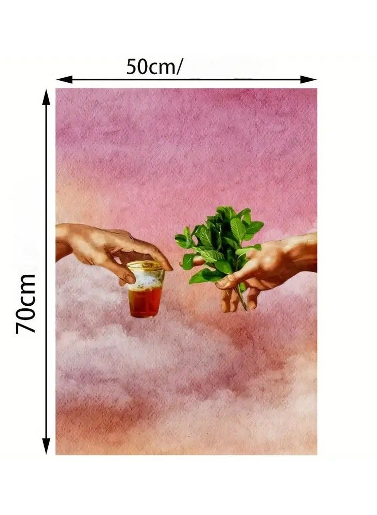 A modern, beautiful, elegant, watercolor canvas wall art. A sophisticated, soft, unrealistic, and imaginative image of a teacup, cup, or teapot in one hand, and the other giving a bundle of mint from above the clouds. A bright and relaxing painting. The frameless painting is considered an elegant decorative element for the home or even in the hotel corridors, bedroom, guest room, meeting room, Bedouin tent, office, popular cafe, old traditional restaurants, hospital corridors, kitchen, next to the coffee corner, or an ideal artistic gift for special people. It can be given to a person in the old mud house council, or to an elderly man or woman, or in Ramadan. You can add a wooden frame to it, or you can even hang the painting with clips without any frame. Its size is 50*70 cm without a frame  - Image 5