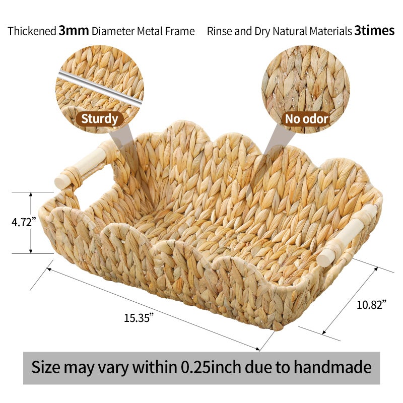 Coeusy Small Wicker Basket 2 Pack,Scalloped Basket for Organizing and Decor,Natural Water Hyacinth Storage Baskets with Wooden Handles for Gifts,Snack,Shelves - Image 3