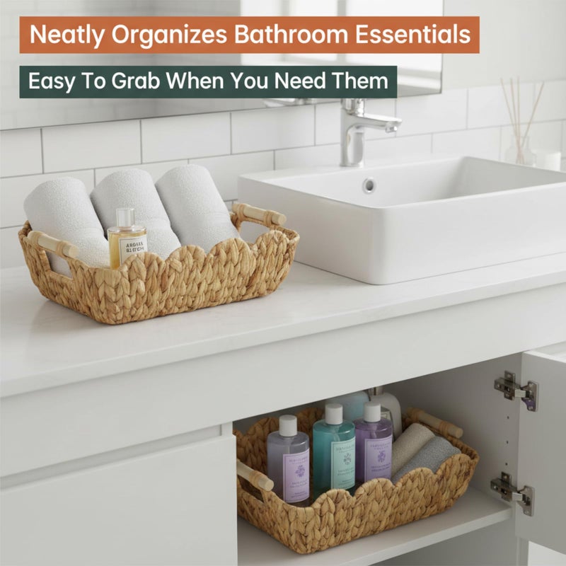 Coeusy Small Wicker Basket 2 Pack,Scalloped Basket for Organizing and Decor,Natural Water Hyacinth Storage Baskets with Wooden Handles for Gifts,Snack,Shelves - Image 4