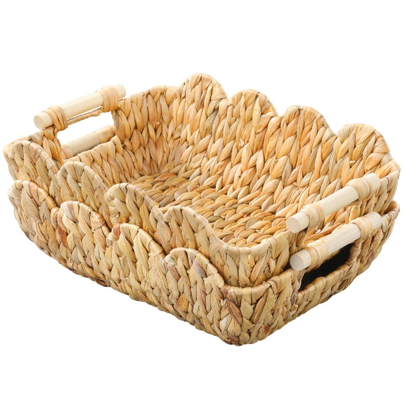 Coeusy Small Wicker Basket 2 Pack,Scalloped Basket for Organizing and Decor,Natural Water Hyacinth Storage Baskets with Wooden Handles for Gifts,Snack,Shelves - Image 1