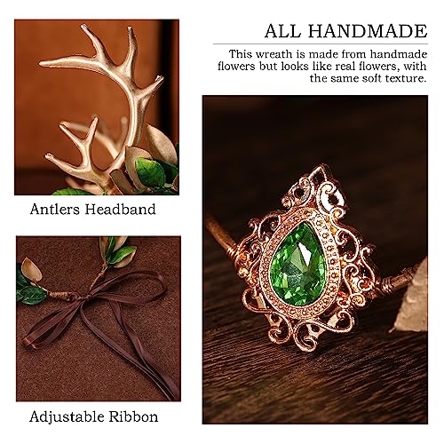 MOSTORY Woodland Fairy Antler Crown - Forest Elf Crown Flower Deer Horns Circlet for Women Renaissance Cosplay Renfaire Costume Photo Shoot - Image 5