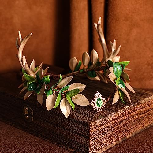 MOSTORY Woodland Fairy Antler Crown - Forest Elf Crown Flower Deer Horns Circlet for Women Renaissance Cosplay Renfaire Costume Photo Shoot - Image 4