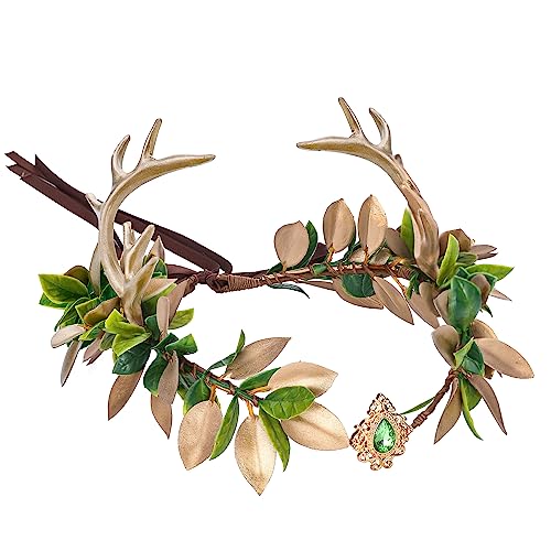 MOSTORY Woodland Fairy Antler Crown - Forest Elf Crown Flower Deer Horns Circlet for Women Renaissance Cosplay Renfaire Costume Photo Shoot - Image 1