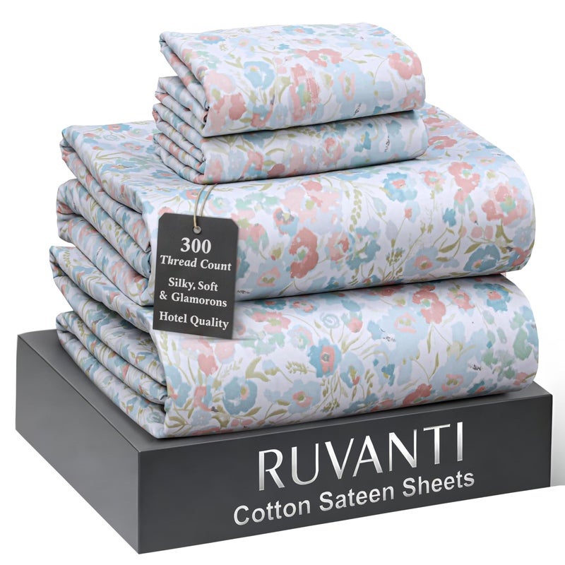 RUVANTI 100% Cotton Sheets Queen Size Bed Set - 300 Thread Count Silky Soft Sateen Weave, Cooling, Lightweight & Breathable, 16" Deep Pocket, Durable & Luxury Satin-Like, 4 Piece, Pastel Hit - Image 1