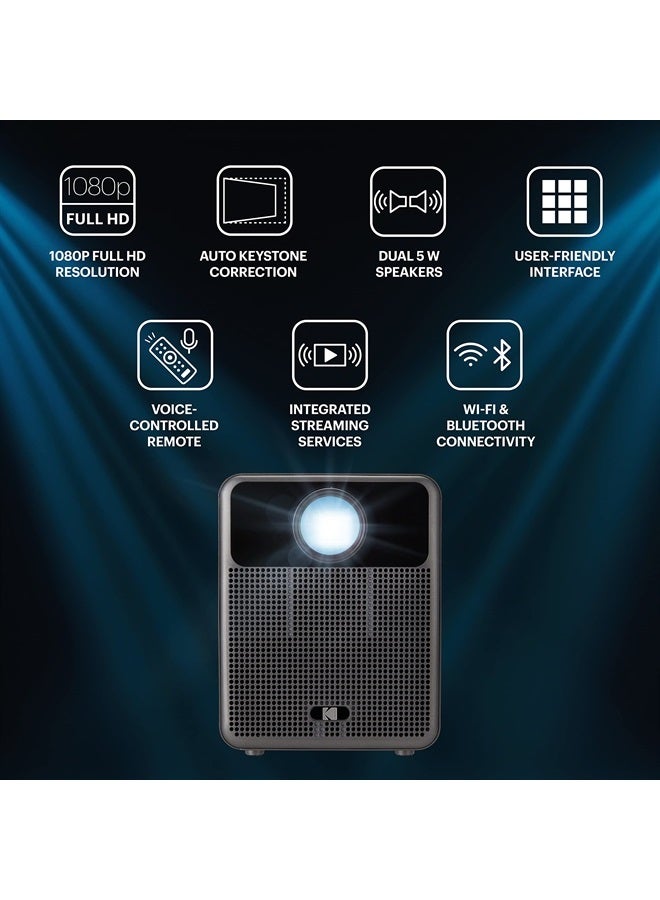 Kodak FLIK HD10 Smart Projector | Android TV 1080P FHD Video Projection System with Google Assistant, Wi-Fi, Bluetooth 5.0, HDMI, USB, Aux & Built-in dual 5W Speakers | iOS & Android - Image 1