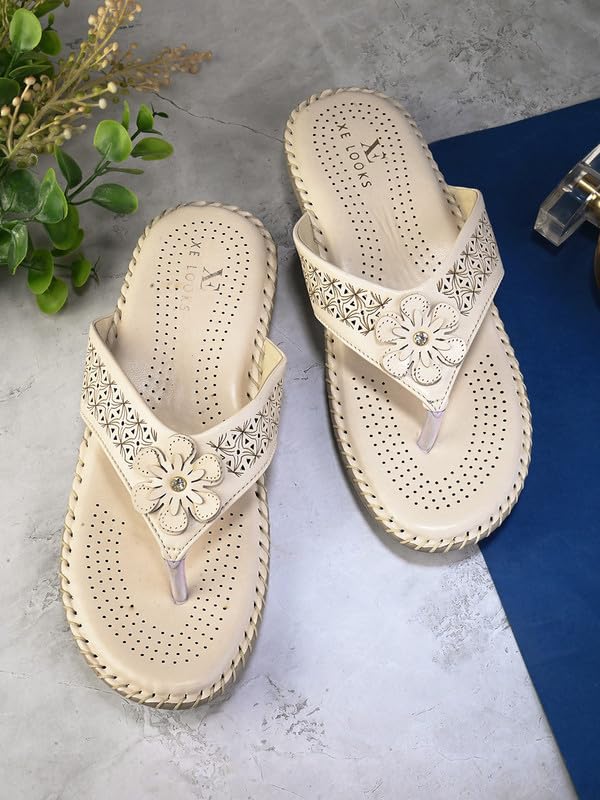 XE Looks Women's Cream Doctor Slippers | Orthopedic Design with Soft Cushioned Footbed | Stylish Floral Cut-Out Upper | Lightweight & Durable Slippers For Girls & Women - Image 2