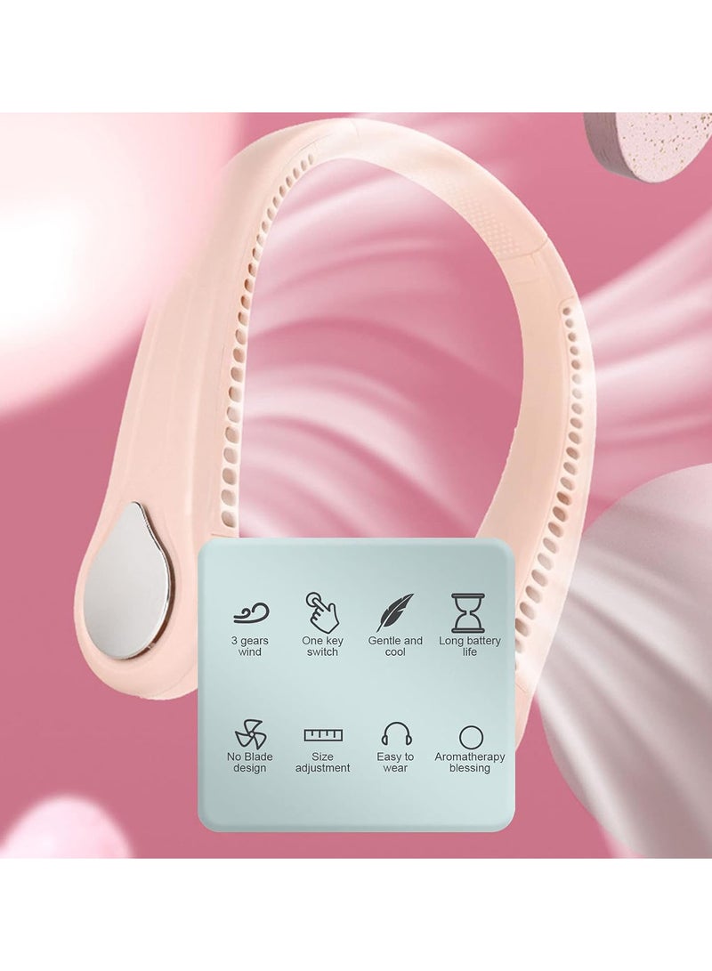 No Blade Neck Fan, USB Charging Portable Silent Fan 3 Speeds Switching Hanging Neck Fan, Hands Free Bladeless Fan, Double Turbine Type Pink Neck Fan for Sports Outdoor Home Dormitory