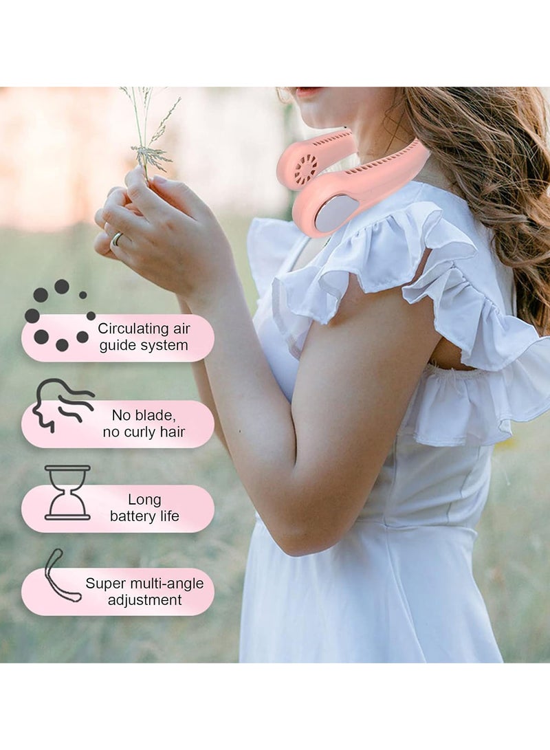 No Blade Neck Fan, USB Charging Portable Silent Fan 3 Speeds Switching Hanging Neck Fan, Hands Free Bladeless Fan, Double Turbine Type Pink Neck Fan for Sports Outdoor Home Dormitory