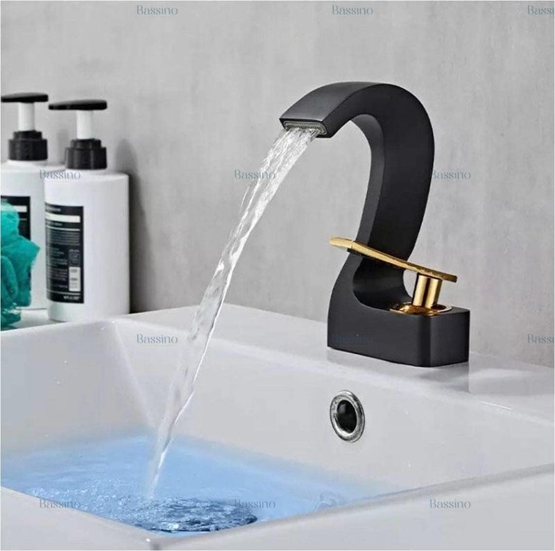 BASSINO Stylish Waterfall Bathroom Faucet - Brass, Black & Gold, Single Hole, Floor Mount, 1 Hole, 1 Handle, Lever, Ceramic Disc Cartridge, Robotic Electroplating, Corrosion Resistant, Timeless Finish - Image 1