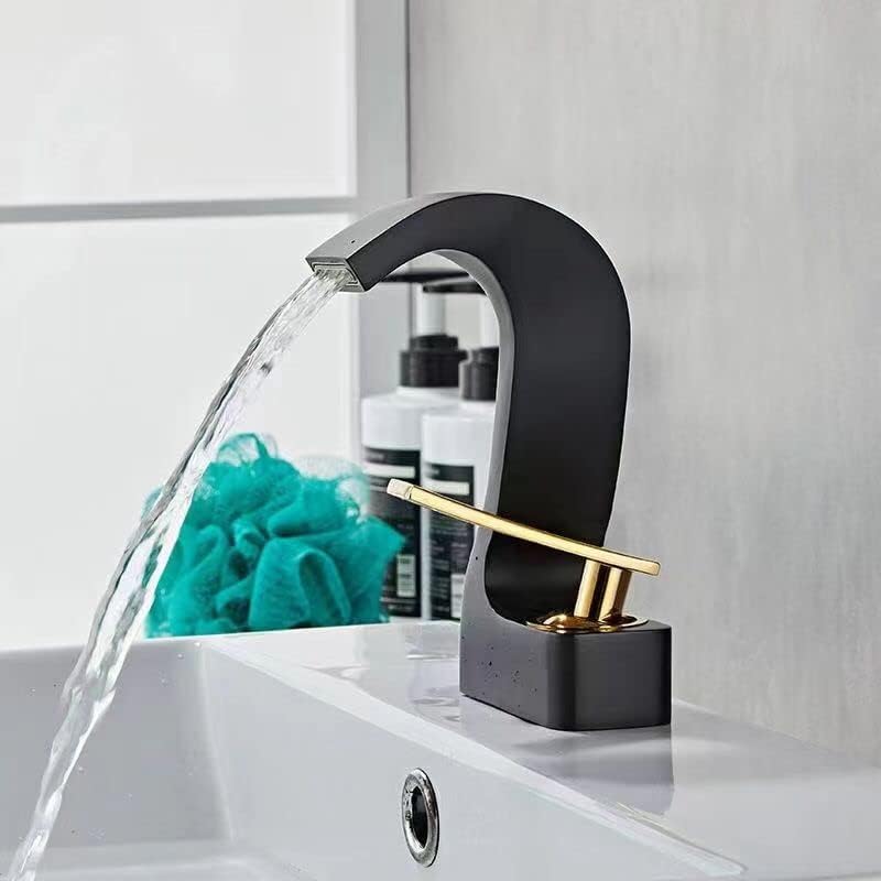 BASSINO Stylish Waterfall Bathroom Faucet - Brass, Black & Gold, Single Hole, Floor Mount, 1 Hole, 1 Handle, Lever, Ceramic Disc Cartridge, Robotic Electroplating, Corrosion Resistant, Timeless Finish - Image 2