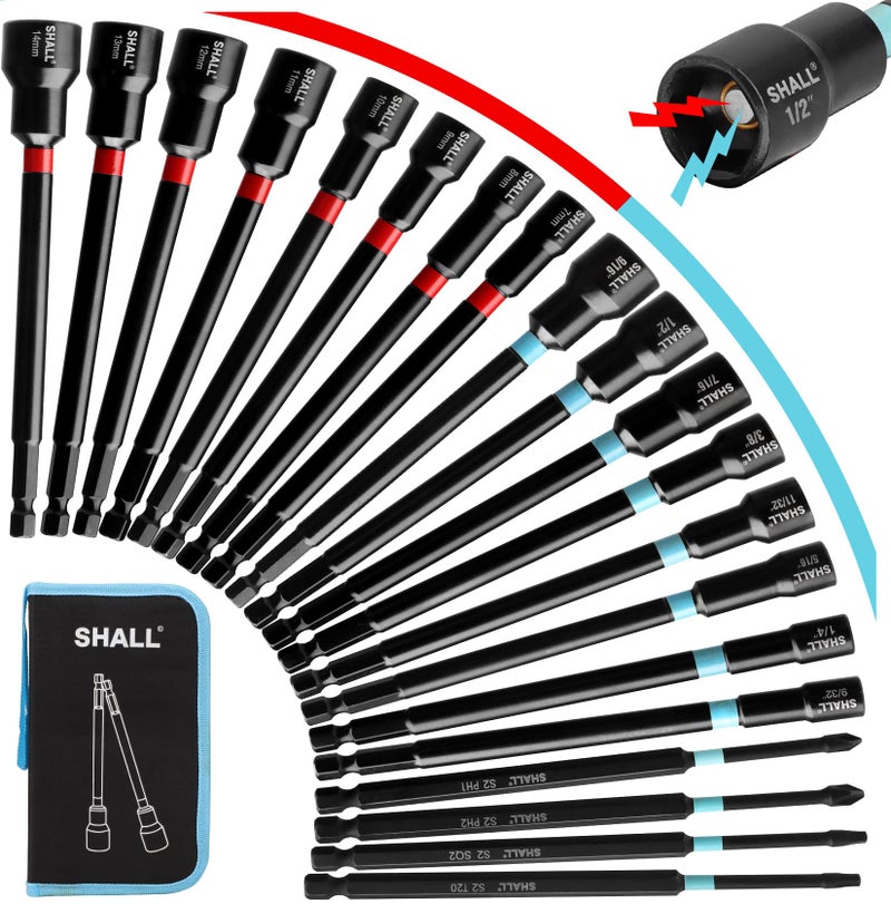 SHALL 20PCS Magnetic Nut Driver Set, 6â€ Long Nut Drivers for Impact Drill, SAE & Metric 1/4â€ Hex Shank Nut Driver Bit & Impact Drill Driver Bit w/Power Screwdriver Bits PH1/PH2/SQ2/T20, Storage Bag - Image 1