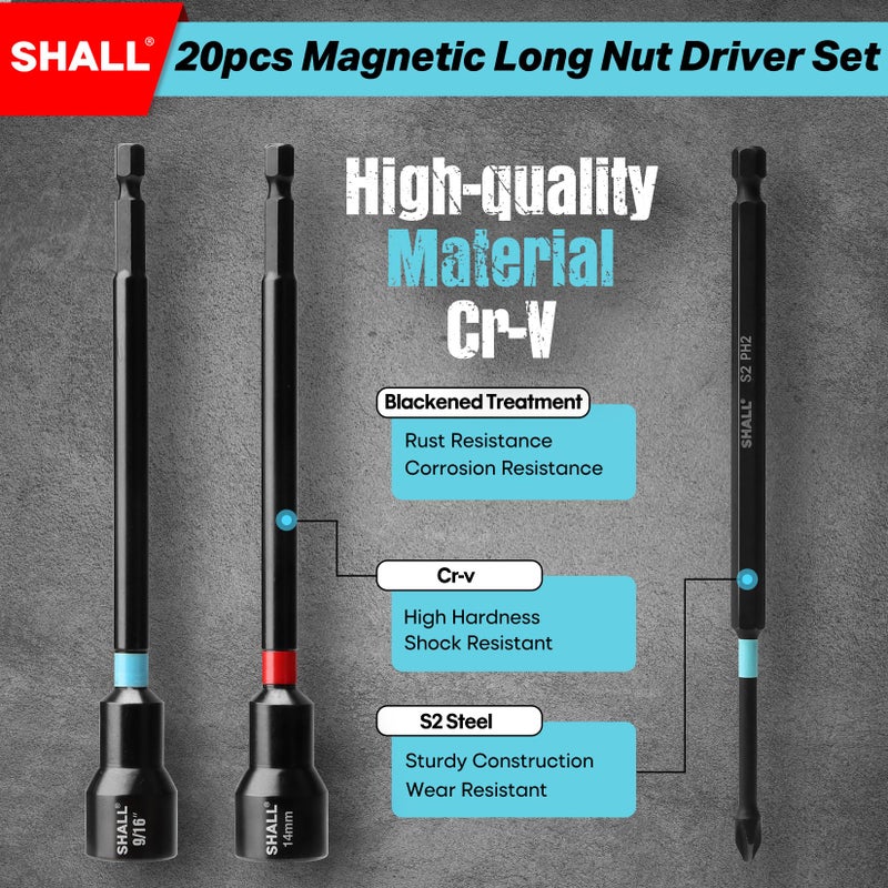 SHALL 20PCS Magnetic Nut Driver Set, 6â€ Long Nut Drivers for Impact Drill, SAE & Metric 1/4â€ Hex Shank Nut Driver Bit & Impact Drill Driver Bit w/Power Screwdriver Bits PH1/PH2/SQ2/T20, Storage Bag - Image 4